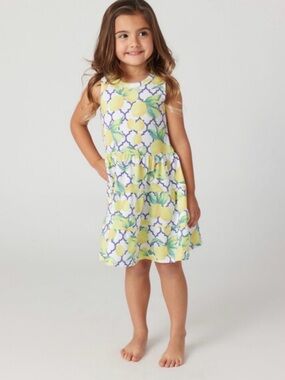 NWOT Sol Angeles Yellow Lemon Print Tiered Dress with Blue Accents